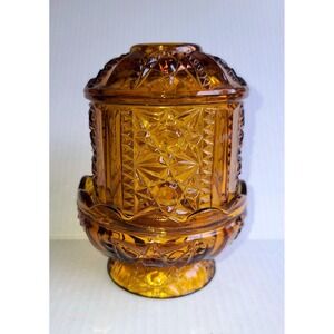 Indiana Glass Amber Fairy Lamp Star and Bars Pattern Vintage Candle Holder 6.5"